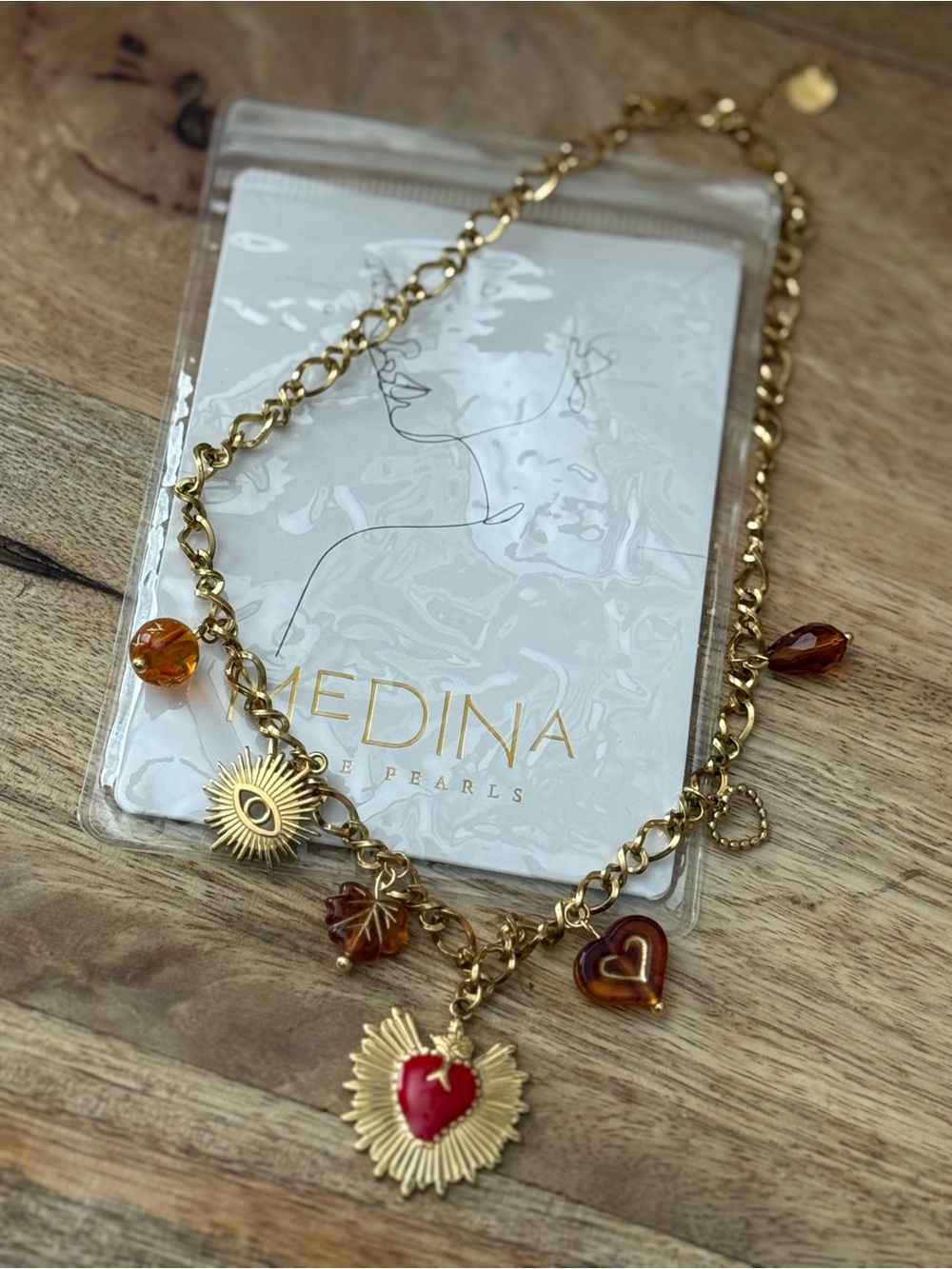Gold Chain Charm Necklace with Orange and gold Heart charm Accents